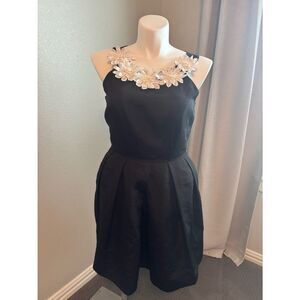 Neiman Marcus Black Cocktail Dress with Ivory Floral Appliqué
